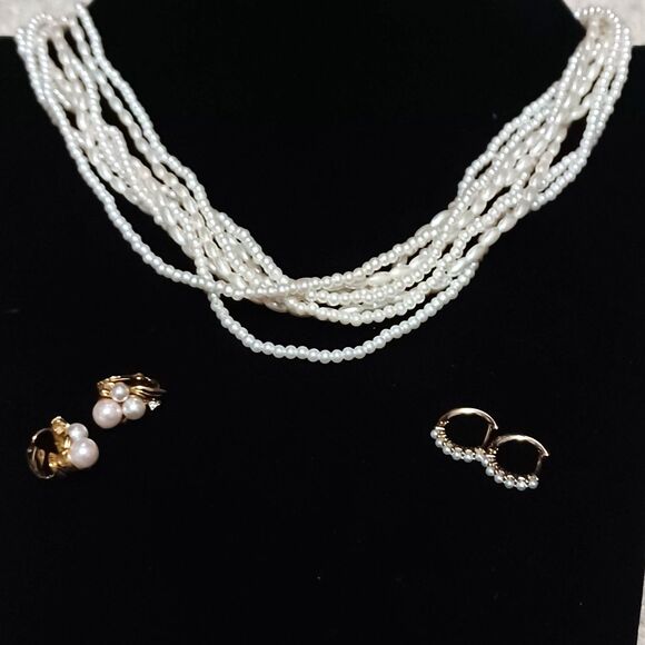 Source Unknown Jewelry - Vintage 8-Strand Faux Pearl Necklace, 16", with Two Earring Sets